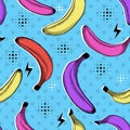 Seamless repeat pattern of bright bananas on blue decorated background Royalty Free Stock Photo