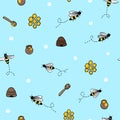 Seamless repeat pattern with buzzing bees on a light blue background