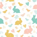 Seamless repeat pattern with chicken and bunnies. Perfect for easter decorations, textile or wrapping designs