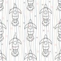 Seamless repeat pattern children`s space rocket, space, planets, stars on white background, vector illustration.