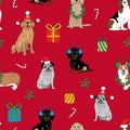 Seamless repeat pattern with Christmas dog breeds and presents