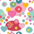 Seamless repeat pattern of colorfull circles, dots, hearts. Vector