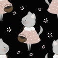 seamless repeat pattern cute kitty and flowers. minimalism in retro style. used for children's testing, printing