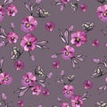 Seamless repeat pattern with flowers and leaves on soft background. Hand drawn fabric, gift wrap, wall art design. Royalty Free Stock Photo