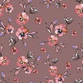 Seamless repeat pattern with flowers and leaves on soft background. Hand drawn fabric, gift wrap, wall art design Royalty Free Stock Photo