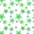 Seamless repeat pattern with green flowers in the form of an asterisk, star  on white background. drawn fabric, gift wrap, wall Royalty Free Stock Photo