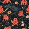 Seamless repeat pattern of hand drawn bear that walks and sits, honey, forget me nots, beehive, smell of honey, tree, branch, bees Royalty Free Stock Photo