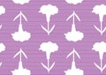 Seamless repeat pattern in lilac color -- white silhouettes of flowers on stripy background. Surface design background for