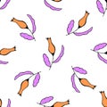 Seamless repeat pattern orange-purple flowers on white background, vector illustration.