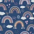 Scandinavian style Rainbow Seamless repeat pattern in pastel colors on dark night background