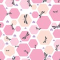 gray dragonfly pink honeycomb seamless repeat pattern