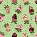 Seamless repeat pattern with strawberry in chocolate, glaze, sprinkle on green background. Vector, flat