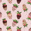 Seamless repeat pattern with strawberry in chocolate, glaze, sprinkle on pink background. Vector, flat