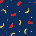 Seamless repeat pattern with tossed watermelon and bananas on navy