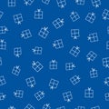 Seamless repeat pattern of white gift box outlines isolated on a blue background, in a hand drawn style