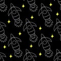 Seamless repeat patternchildren`s space rocket, space, planets, stars, vector illustration. Modern and original textile,