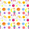 Seamless repeat patternchildren`s space rocket, space, planets, stars on white background, vector illustration.