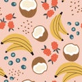 Seamless repeat tropical fruit pattern with coconuts, raspberries, blueberries, seeds with pink background. Vector fruit