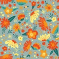 Seamless repeat vector pattern with flowers and leaves inmixed colors on grey background. Hand drawn fabric, gift wrap Royalty Free Stock Photo