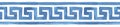 Seamless repeatable border of stylized Greek Key Meander pattern in blue colour with artistic stains and brush strokes.