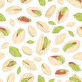 Seamless repeatable pistachio pattern with open nuts and unopened pistaches with shells. Design of endless background