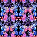 Seamless repeate pattern design with flower folk butterflies and rabbit mystery deep midnight on a black