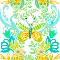 Seamless repeate pattern design with flower folk butterflies and rabbit spring and summer on a white