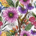 Seamless repeate pattern design with mushrooms, gerbera, butterflies, nut, black outline and colorful flowers