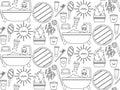 Seamless repeating bathroom pattern with shower and personal care items. Morning and evening routine. Vector