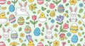 Easter Seamless Pattern with Pastel Eggs Bunny Chicks and Flowers on Light Green Background Repeating Springtime Royalty Free Stock Photo