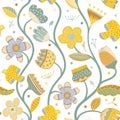 Seamless repeating pattern with abstract flowers, birds and leaves in blue yellow colors. Flat simple fabric, gift wrap Royalty Free Stock Photo