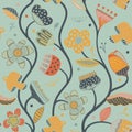 Seamless repeating pattern with abstract flowers, birds and leaves in blue yellow colors. Flat simple fabric, gift wrap Royalty Free Stock Photo