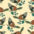 A seamless repeating pattern of birds sitting on a branch.Vector Royalty Free Stock Photo