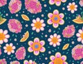 Seamless repeating pattern of cartoon spring flowers , vector, insane detail, background, art, AI Generated.