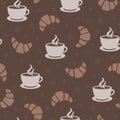 Seamless repeating pattern of coffe cups and croissants