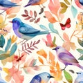 Seamless Repeating Pattern Colorful Birds And Leaf In Watercolor Royalty Free Stock Photo