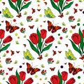 Seamless repeating pattern with colorful butterflies and tulips. Royalty Free Stock Photo