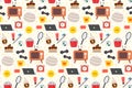 Seamless repeating pattern with cozy household items. Morning and evening routine. Vector illustration.