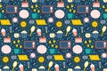 Seamless repeating pattern with cozy household items. Morning and evening routine. Vector illustration.