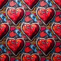 Seamless repeating pattern featuring bold graffiti style red hearts overlaid on a textured background of vibrant abstract street Royalty Free Stock Photo