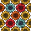 Seamless repeating pattern featuring stylized sunflower illustrations rendered in vibrant, contrasting colors like red, orange, Royalty Free Stock Photo