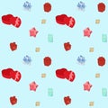 Seamless repeating pattern with gifts of different shapes and colors. Background with padarkas for design. Royalty Free Stock Photo