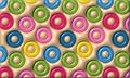 Seamless repeating pattern of glossy, multi-colored rings on a textured beige background, 3D rendering illustration Royalty Free Stock Photo