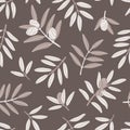 Seamless repeating pattern. Gray branches of an olive tree on a brown background. Autumn and summer pattern. Pastel colors.