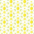 Seamless repeating pattern of juicy whole lemon and slices of yellow and green flowers on a white background