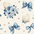 Seamless Romantic Watercolor Pattern with Blue Bows and Hearts Royalty Free Stock Photo