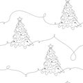 Seamless repeating pattern with textured Christmas trees on white background. line art. Modern and original festive