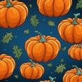 Illustrated Pumpkin Blue Background Tile