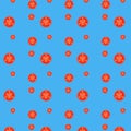 Seamless repeating pattern of tomato slices on a blue background. Royalty Free Stock Photo
