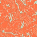 Seamless repeating pattern with vegetables. Abstract trendy illustrations on red background